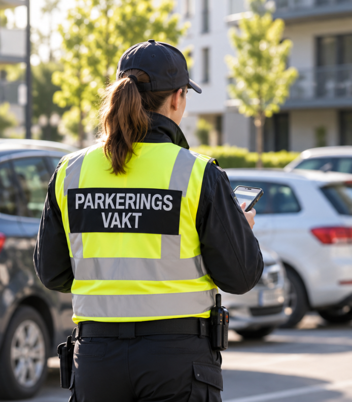 Parkeringsvakt som utför parkeringsövervakning och kontrollerar parkeringstillstånd