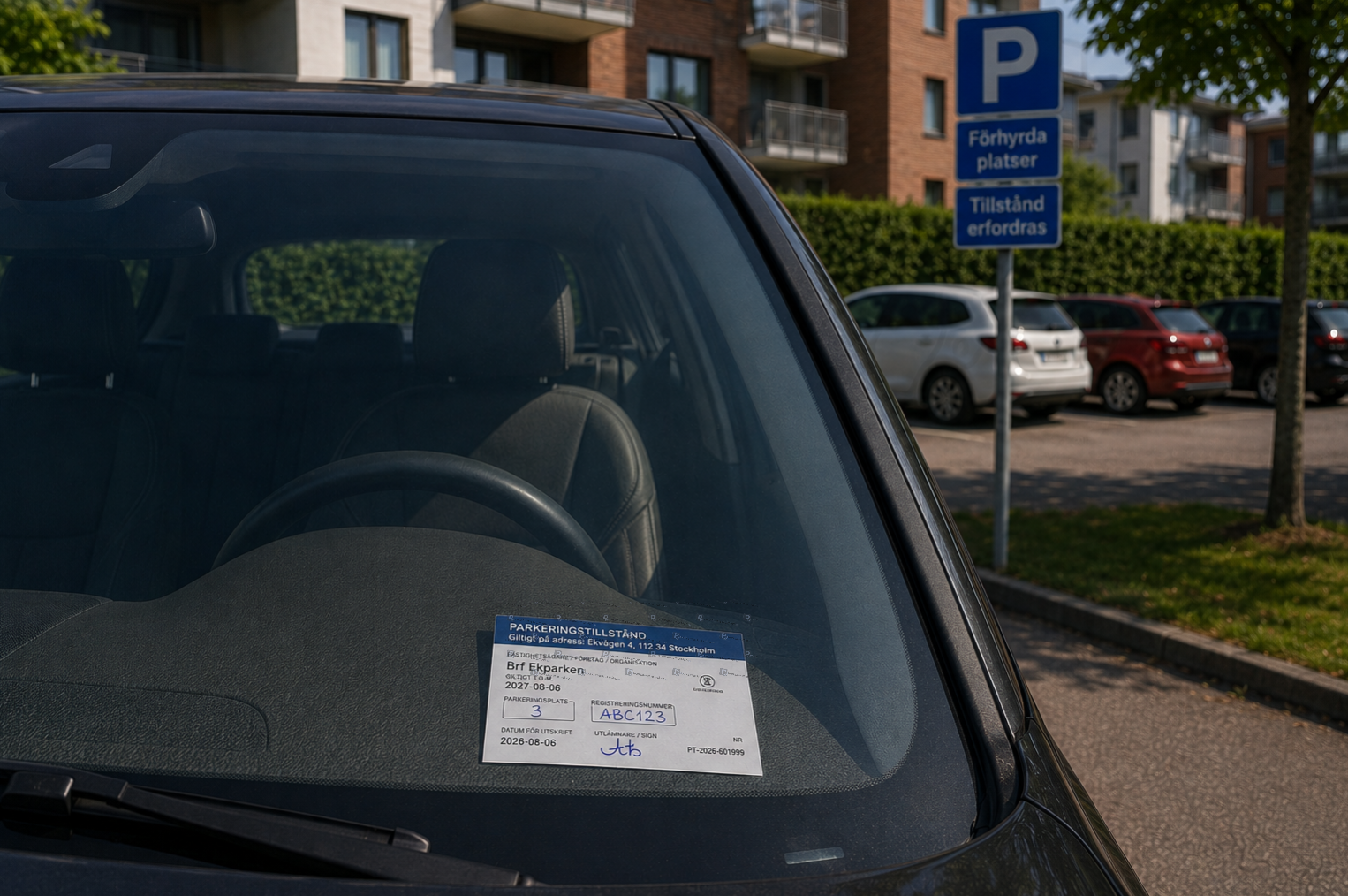 Bil med parkeringstillstånd från Parkeringstillstånd.se i vindrutan vid en skyltad parkering